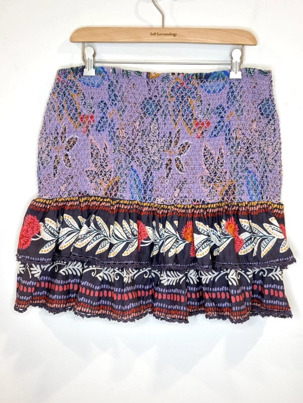 FARM RIO Wild Night Lavender Smocked Ruffled Floral Print Mini Skirt Sz L Boho - Picture 5 of 14